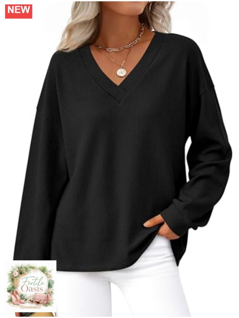 Waffle Knit Long Sleeve Tunic V-Neck Loose Fit Blouse